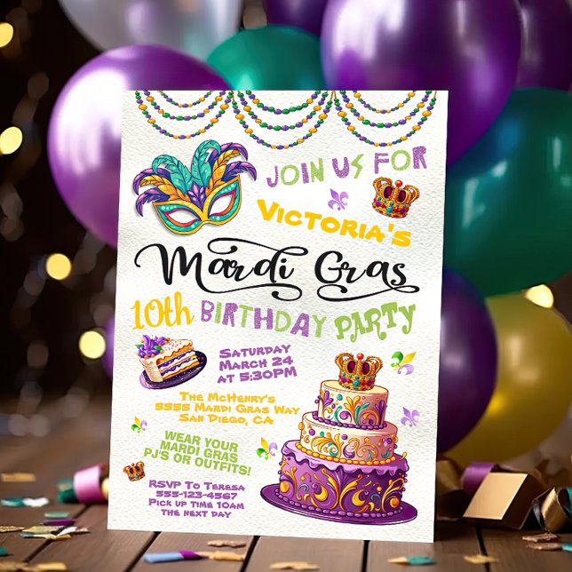 Mardi Gras Birthday Pajama Party Invitation (Creator Uploaded)