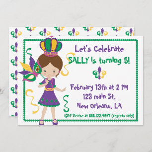 Mardi Gras Birthday Party Invitation For Girl