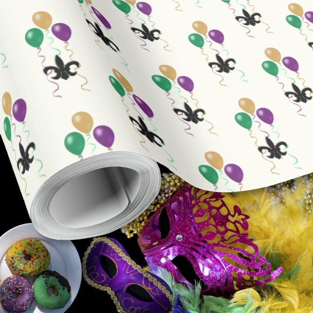 Mardi Gras Black FleurDeLis with Balloons on Ivory Wrapping Paper (Mardi Gras Black FleurDeLis with Balloons on Ivory Wrapping Paper by Leapfroglisics Shop)