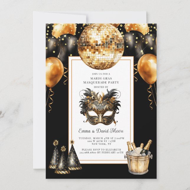 Mardi Gras Black Gold Glitter Invitation (Front)