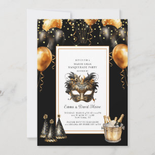 Mardi Gras Black Gold Glitter Invitation