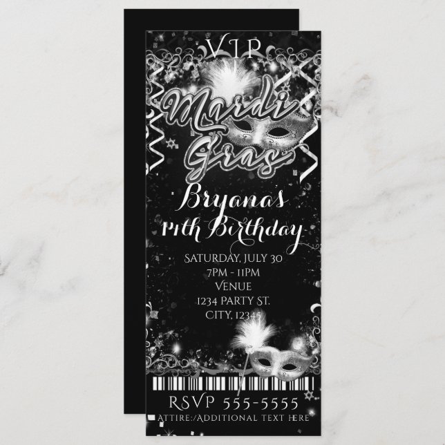 Mardi Gras Black & White VIP Birthday Party Ticket Invitation (Front/Back)