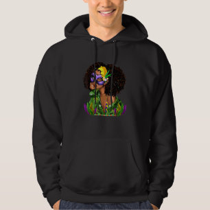 Mardi Gras Black Woman Curly Hair Wink Eye Mask Hoodie