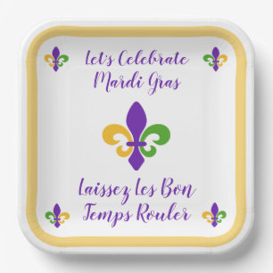 Mardi Gras Bon Temp Green Gold Purple Fleur de Lis Paper Plate