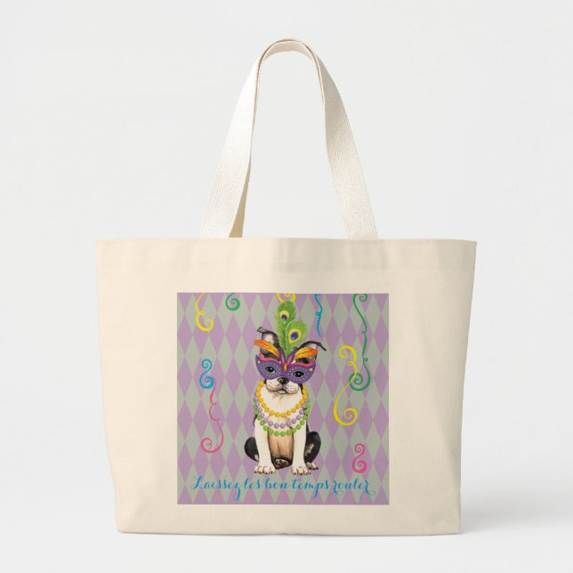 Mardi Gras Boston Terrier Large Tote Bag (Front)