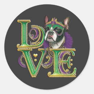 Mardi Gras Boston Terrier Word LOVE Masquerade  Classic Round Sticker