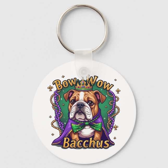 Mardi Gras Bow Wow Bacchus Bulldog  Key Ring (Front)