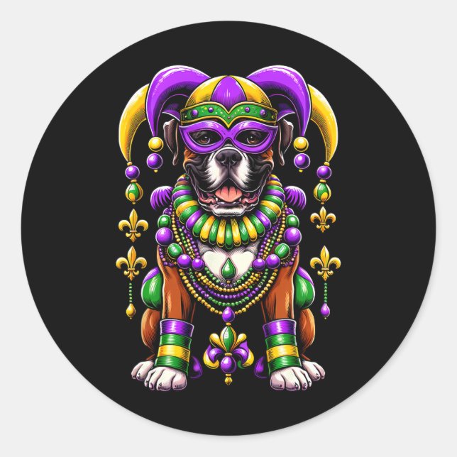 Mardi Gras Boxer Dog  Classic Round Sticker (Front)