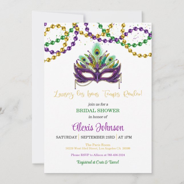 Mardi Gras Bridal Shower Invitation Beads - White (Front)