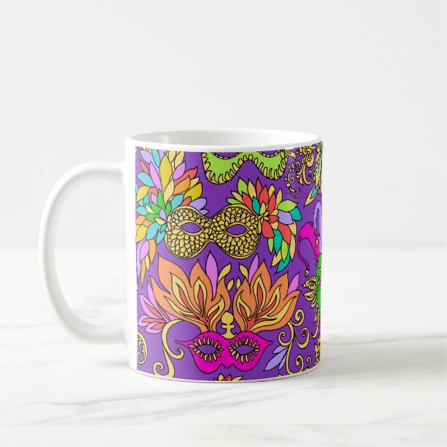 Mardi Gras Bright Purple Green Masquerade Masks Coffee Mug (Left)