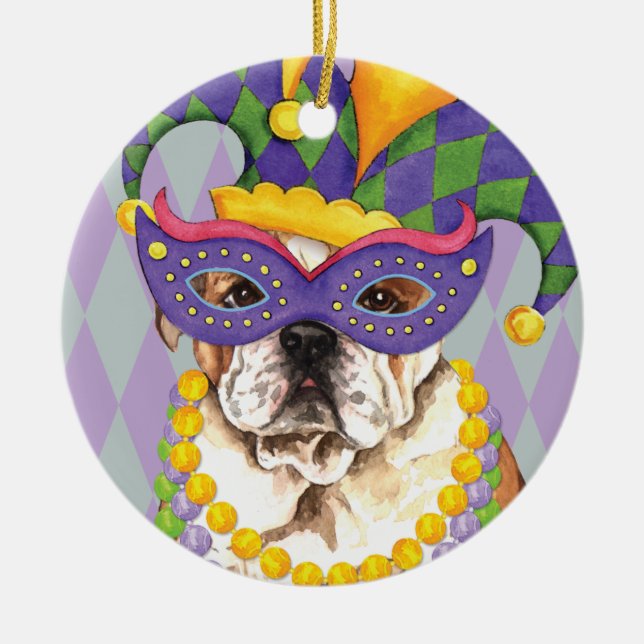 Mardi Gras Bulldog Ceramic Tree Decoration (Front)