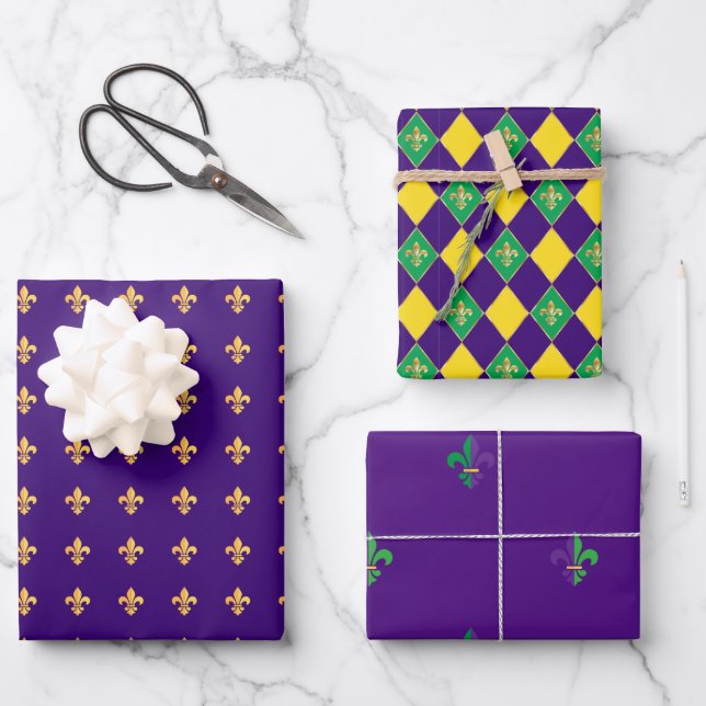 Mardi Gras Carnival Fleur de Lis Diamond Decor Wrapping Paper Sheet (Front)