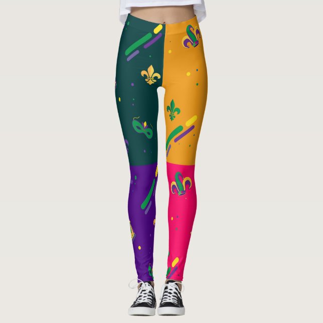 Mardi Gras Carnival Fleur de Lis Diamond Harlequin Leggings (Front)