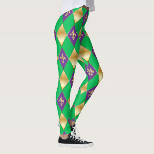 Mardi Gras Carnival Fleur de Lis Diamond Harlequin Leggings