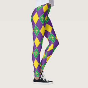 Mardi Gras Carnival Fleur de Lis Diamond Harlequin Leggings