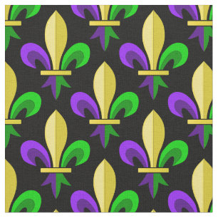 Mardi Gras Carnival Fleur De Lis on Black Fabric
