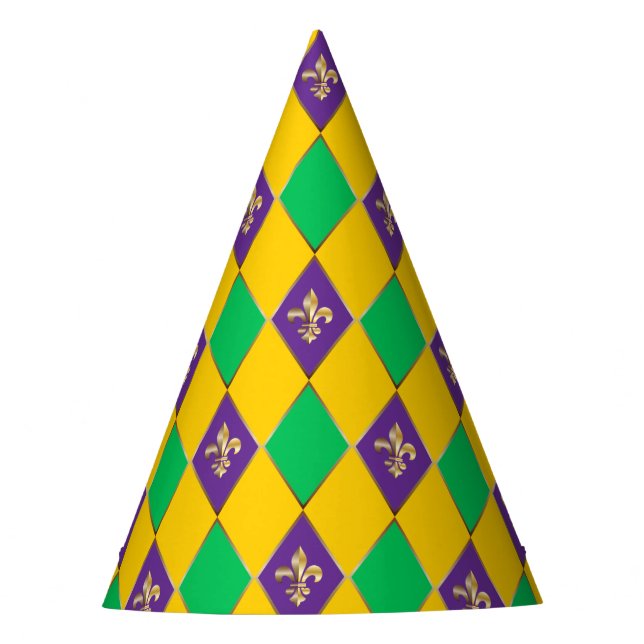 Mardi Gras Carnival Harlequin Fleur de Lis Diamond Party Hat (Front)