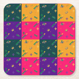Mardi Gras Carnival Harlequin Fleur de Lis Diamond Square Paper Coaster
