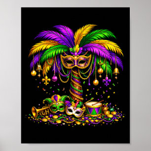 Mardi gras carnival palm tree hawaiian beads mask poster