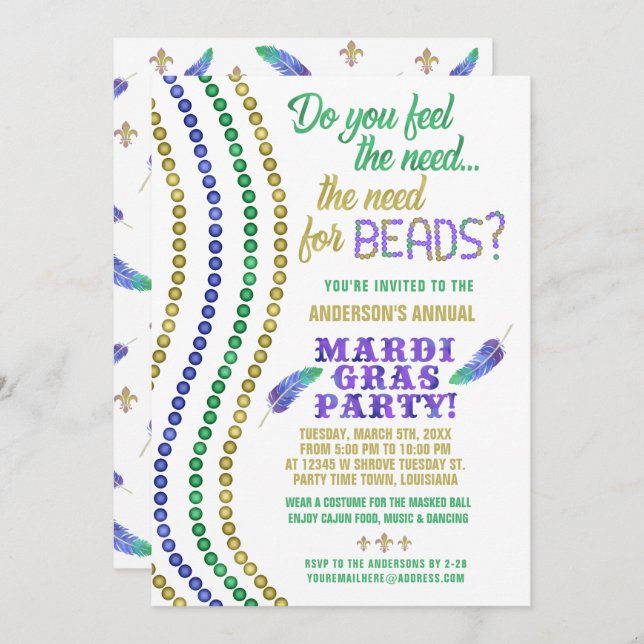 Mardi Gras Carnival Party Funny Need for Beads Invitation (Front/Back)