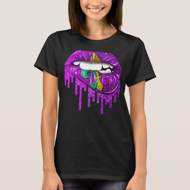 Mardi Gras Carnival Purple Gold Lips Dripped 1 T-Shirt (Front)