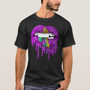 Mardi Gras Carnival Purple Gold Lips Dripped T-Shirt