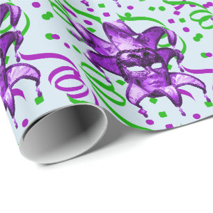 Mardi Gras Carnival Purple Mask With Confetti Wrapping Paper