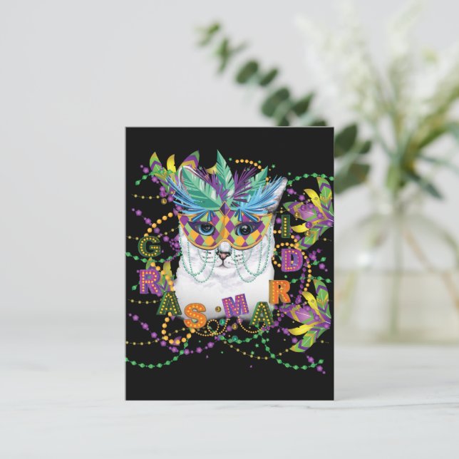 Mardi Gras Cat, Funny Mardi Gras Holiday Postcard (Standing Front)