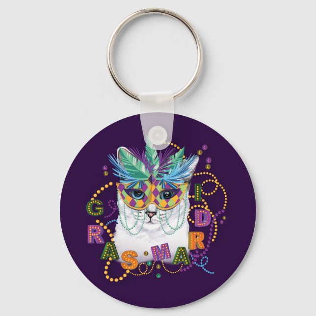 Mardi Gras Cat, Funny Mardi Gras Key Ring (Front)