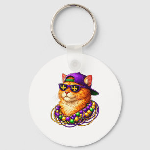 Mardi Gras Cat Funny Mardi Gras Orange Cat Beads C Key Ring