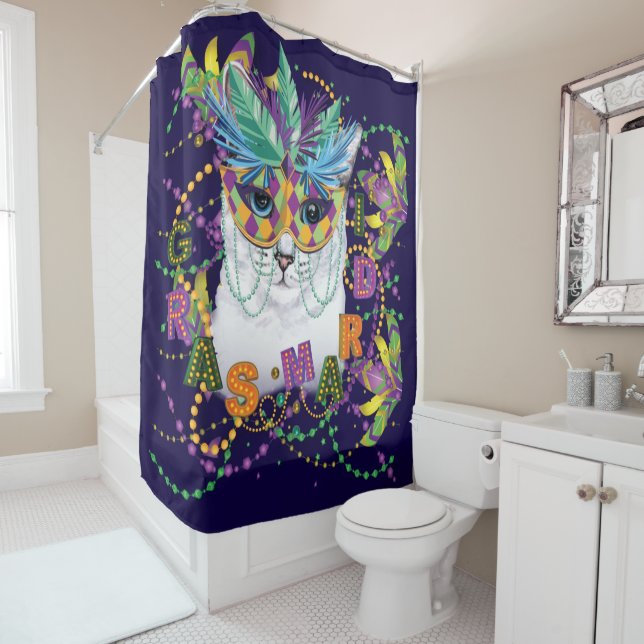 Mardi Gras Cat, Funny Mardi Gras Shower Curtain (In Situ)