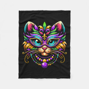 Mardi Gras Cat Wearing Mask Jester Hat Funny Carni Fleece Blanket