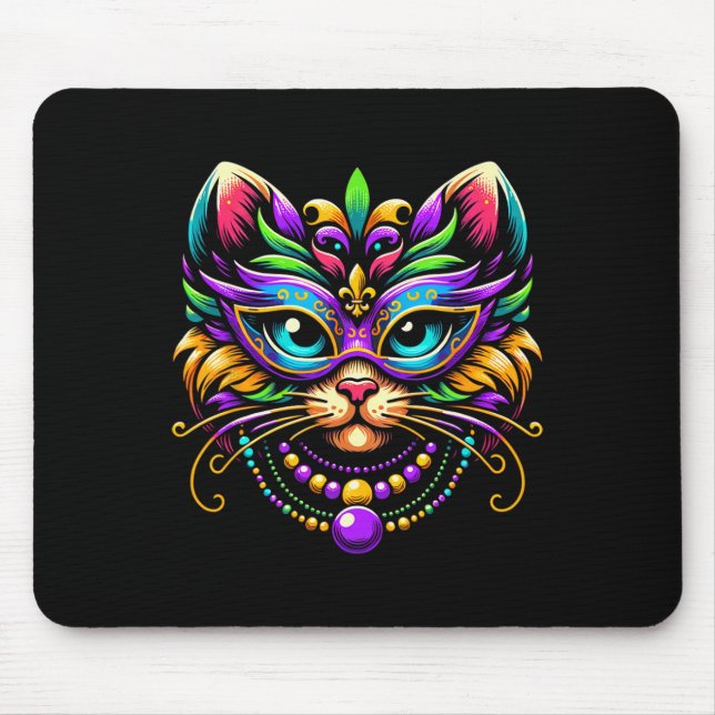 Mardi Gras Cat Wearing Mask Jester Hat Funny Carni Mouse Pad (Front)