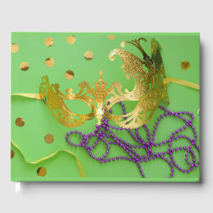 Mardi Gras Celebration Gold Mask Purple Beads Guest Book