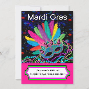MARDI GRAS Celebration, Mask, Beads,Colourful Invitation
