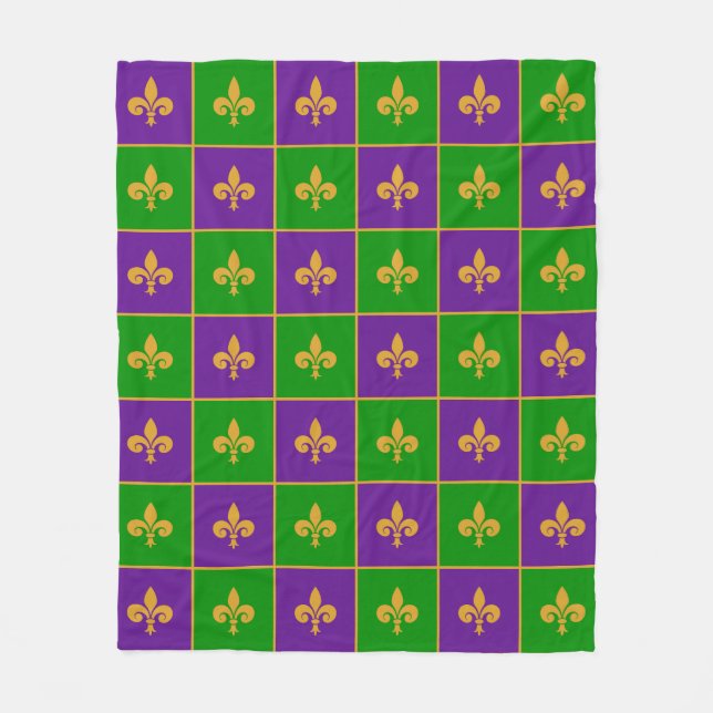 Mardi Gras Chequered Fleur De Lis Fleece Blanket (Front)