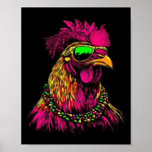 Mardi Gras Chicken Sungles Beads Farmer New Orlean Poster