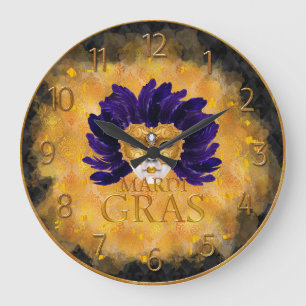 Mardi Gras Clock, Blue Feather Mardi Gras Mask  Large Clock