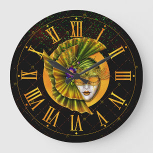 Mardi Gras Clock, Carnival Green Golden Mask Large Clock