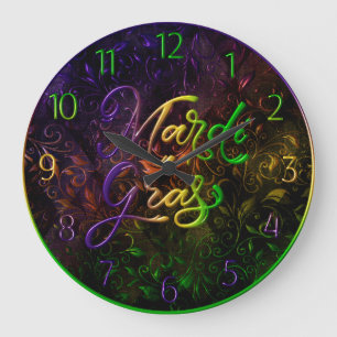Mardi Gras Clock, Colorful Mardi Gras Floral Large Clock