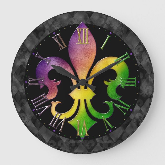 Mardi Gras Clock, Colourful Fleur de Lis  Large Cl Large Clock (Front)