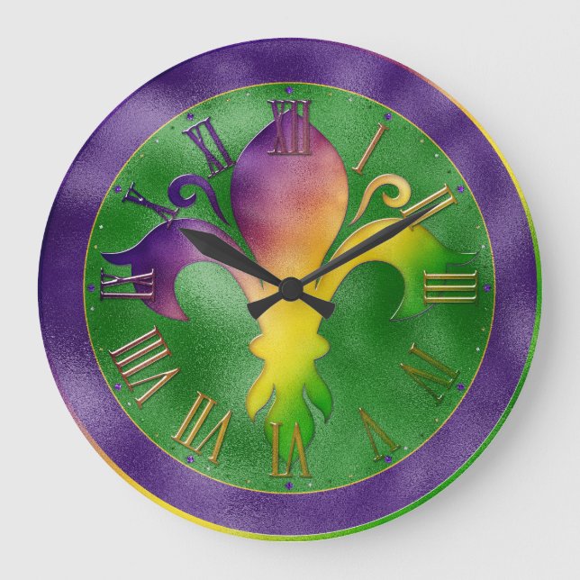 Mardi Gras Clock, Colourful Fleur de Lis Large Clo Clock (Front)