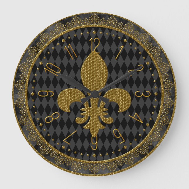 Mardi Gras Clock, Golden Fleur de Lis  Large Clock (Front)