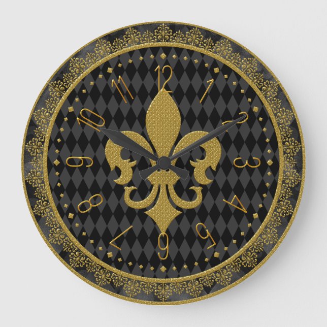 Mardi Gras Clock, Golden Fleur de Lis  Large Clock (Front)