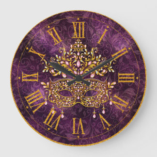 Mardi Gras Clock, Golden Jewelled Mask Large Clock