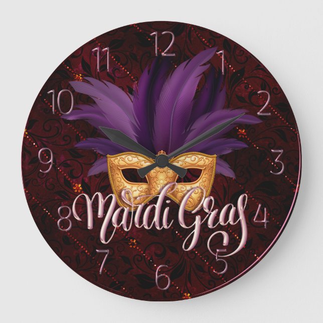 Mardi Gras Clock, Mardi Gras Feather Mask Large Clock (Front)