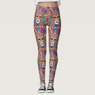Mardi Gras Colourful Feather Mask on Black Legging
