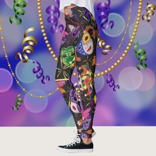 Mardi Gras Colourful Feather Mask on Black Leggings