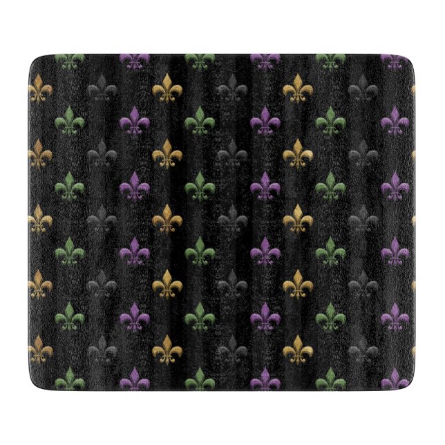 Mardi Gras Colourful Fleur De Lis Dark Vertical Cutting Board (Front)