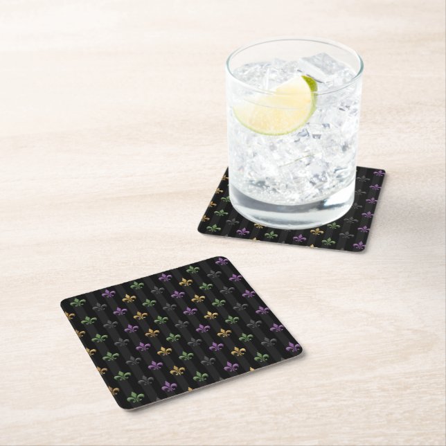 Mardi Gras Colourful Fleur De Lis Dark Vertical Square Paper Coaster (Insitu)